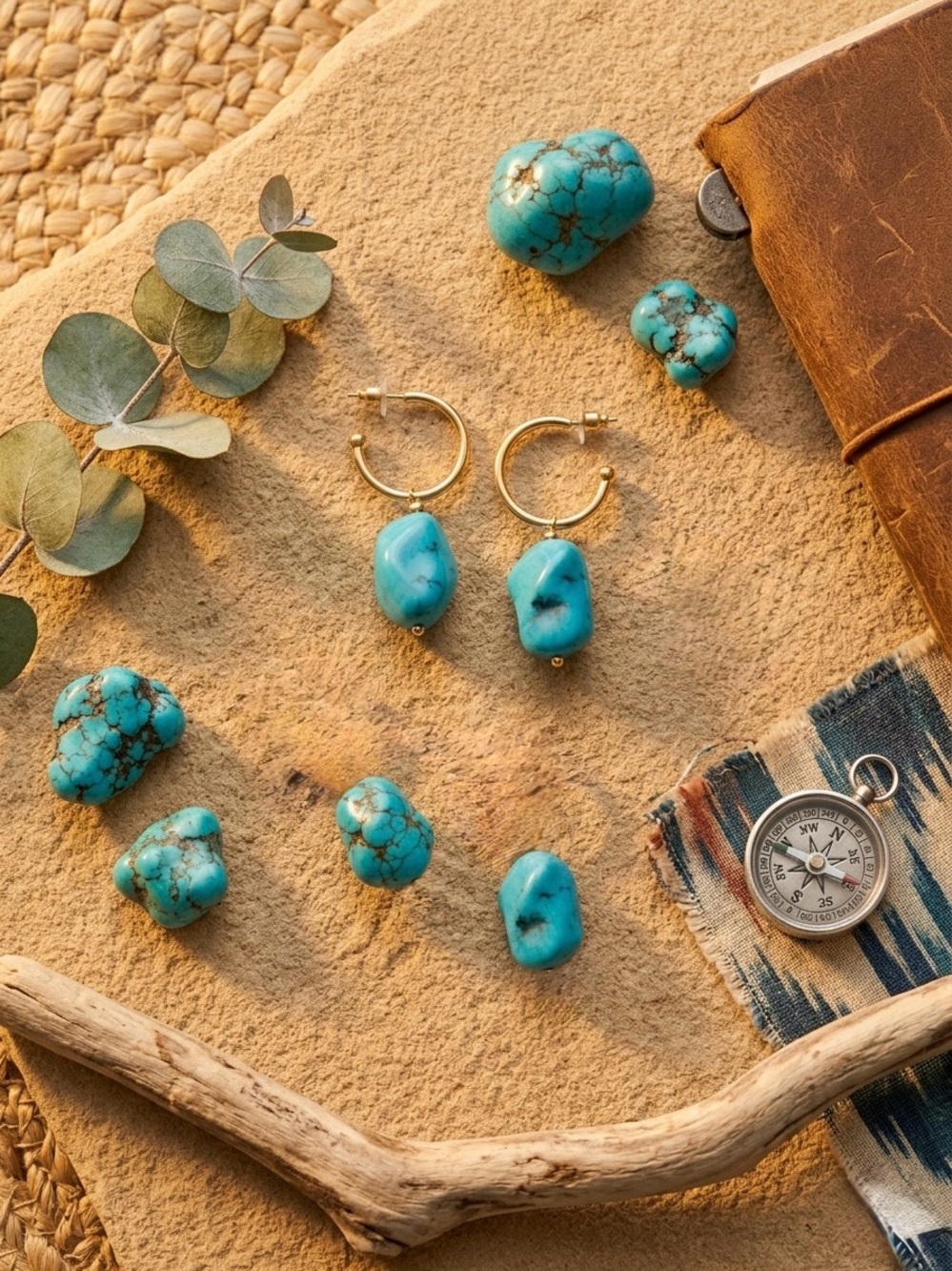 Panacea Turquoise Nugget Dangle Hoop Earrings Gold Boho NWOT